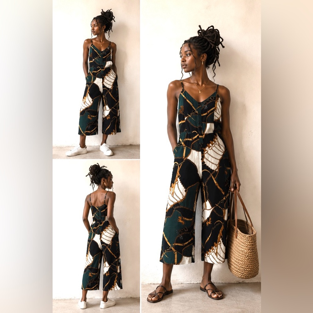 Womens Green & Black Chain-Print Cropped Jumpsuit